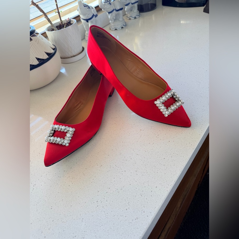 J. Crew Red Heels with Pearl Buckle